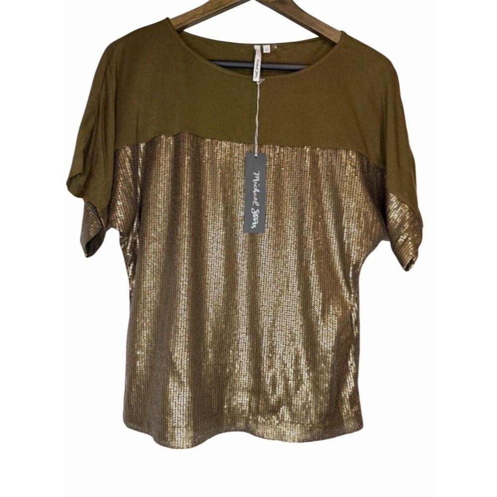 NWT Michael Stars Dolman Boatneck Top size XS Sequin Modal Gold Olive Green